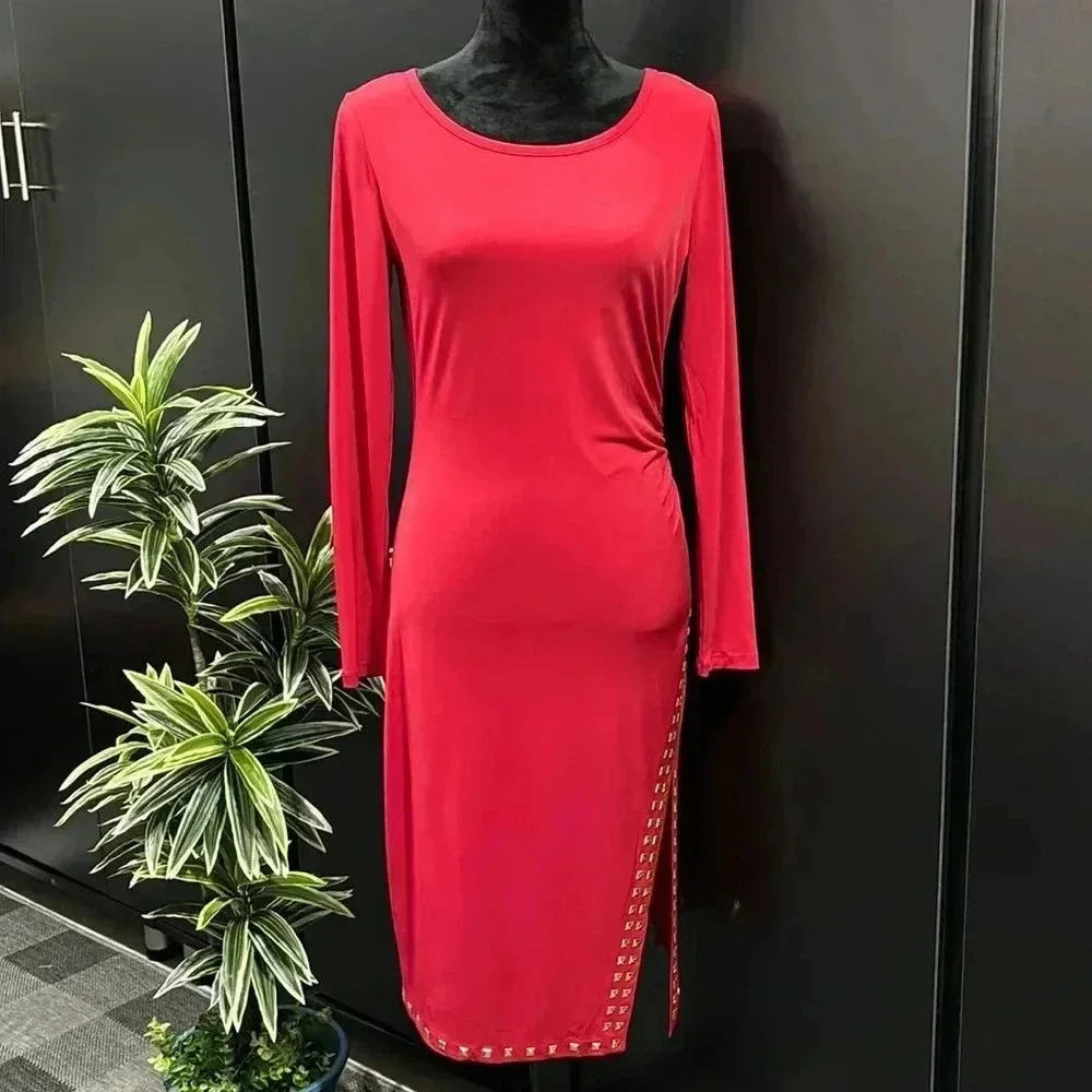Michael Kors Long Sleeve,ruched side,slit,body con,metallic studs,stretch